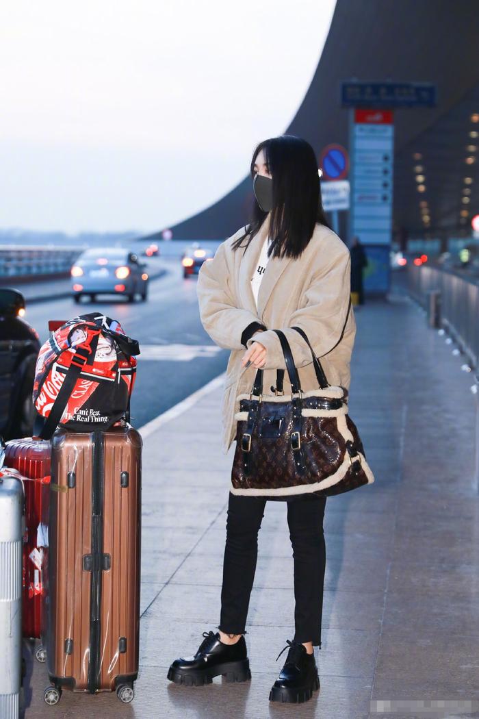 李菲儿真奢侈，拎2万包配2千旅行袋走出机场，网友：像是赶春运