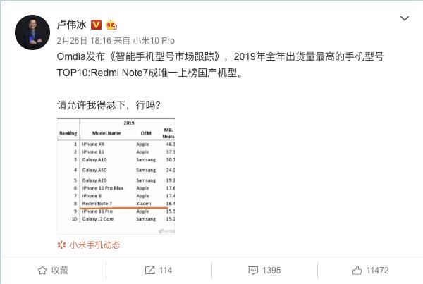 卢伟冰点赞Redmi Note 7出货量/销量成绩：让我嘚瑟下