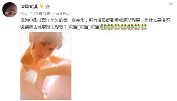 文淇2017年发文质疑未受邀威尼斯电影节
