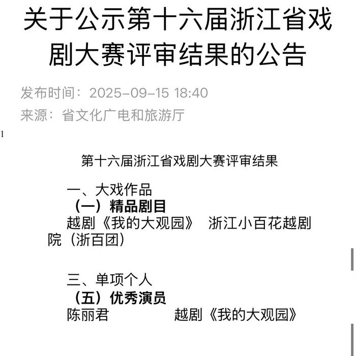 陈丽君获浙江戏剧大赛优秀演员奖，主演《我的大观园》获精品剧目