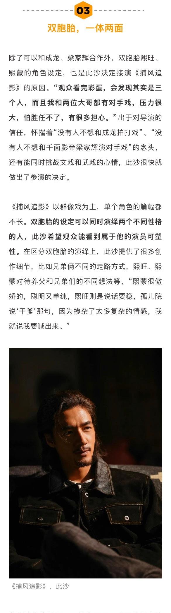 此沙谈《捕风追影》双胞胎角色设计，与成龙梁家辉合作压力大