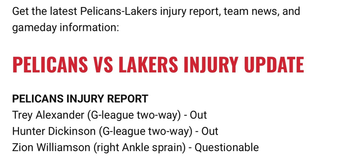 鹈鹕更新锡安伤情，出战湖人成疑