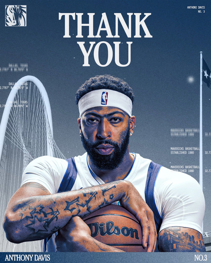 独行侠官方感谢浓眉拉塞尔，上赛季场均20+10+3