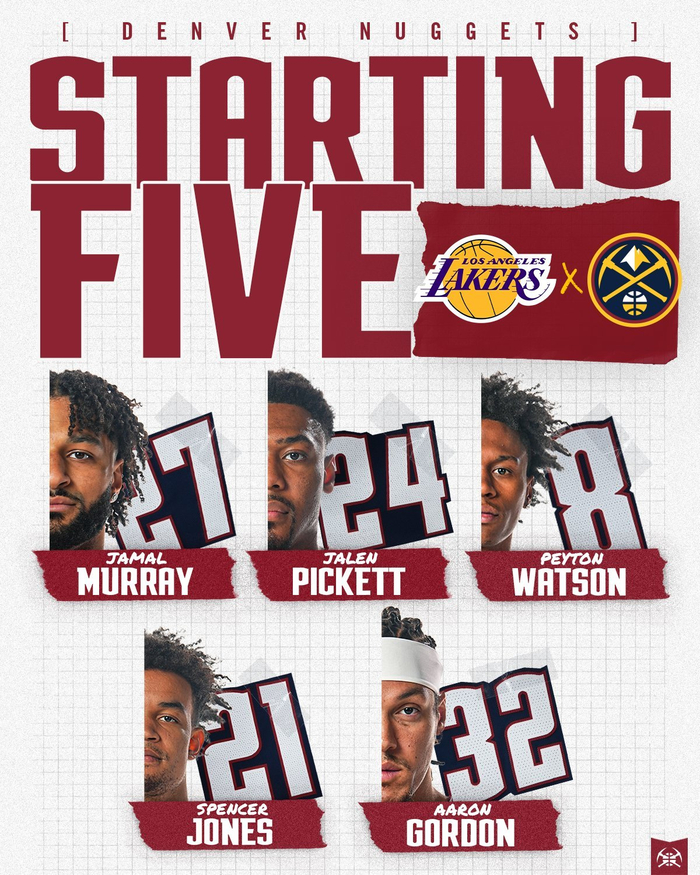 掘金公布首发阵容：穆雷、戈登领衔出战湖人