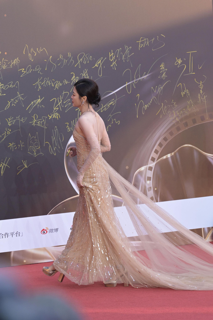 辛芷蕾鎏金挂脖裙亮相CMG红毯
