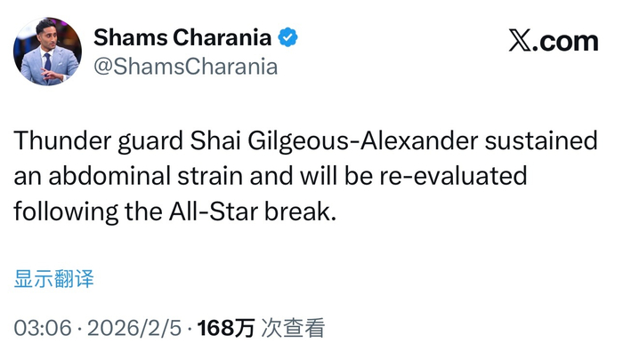雷霆后卫亚历山大腹部拉伤，全明星周末后接受评估