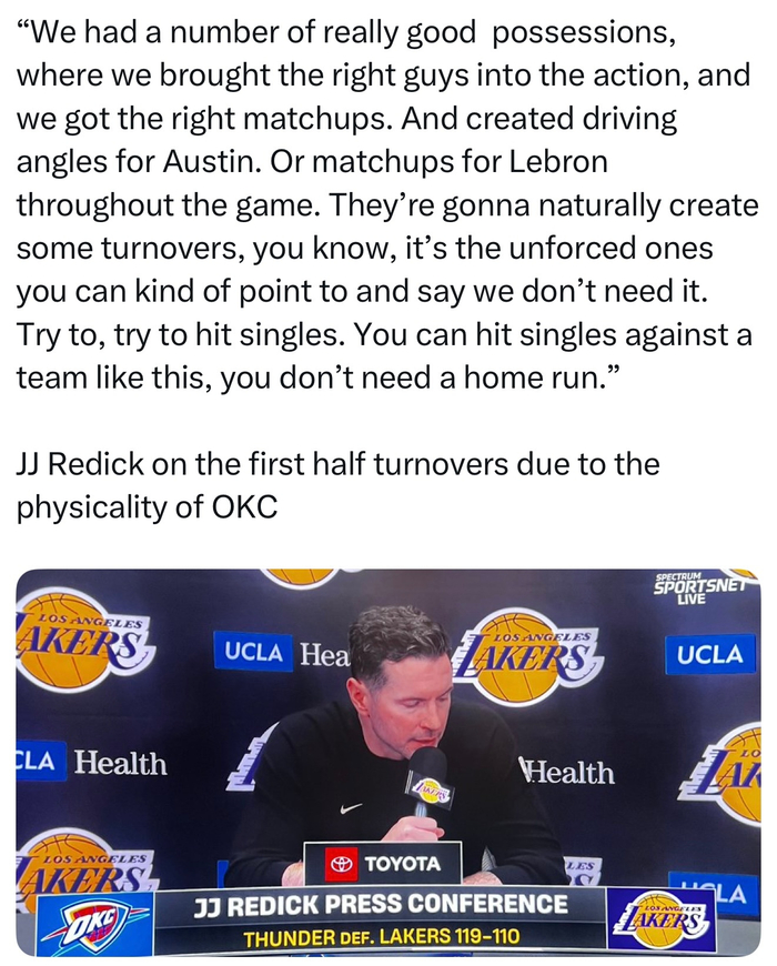 雷迪克谈湖人失误：雷霆对抗致部分失误，但非受迫性失误需避免