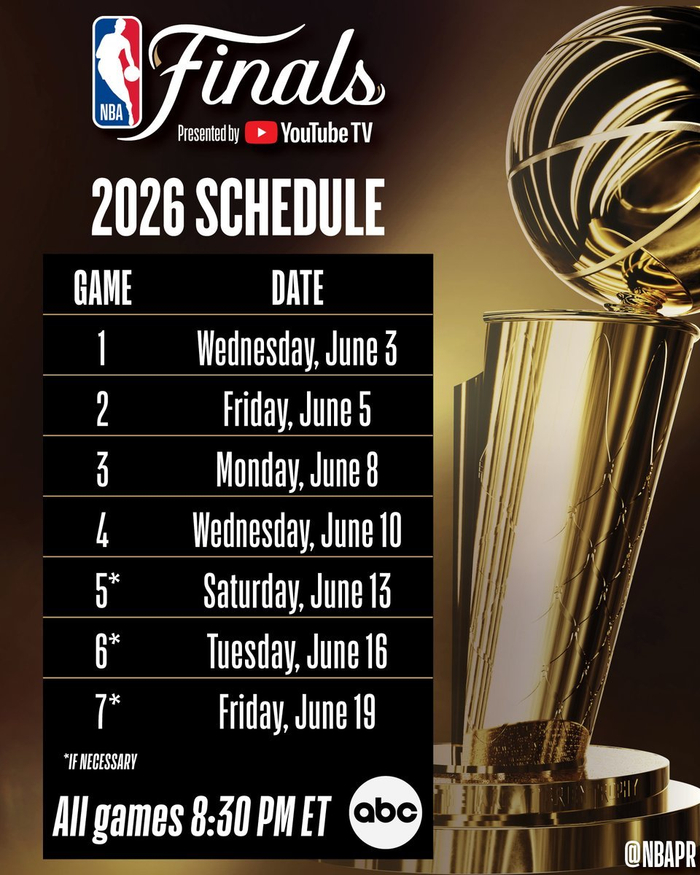 NBA总决赛6月4日开战，最晚6月20日结束