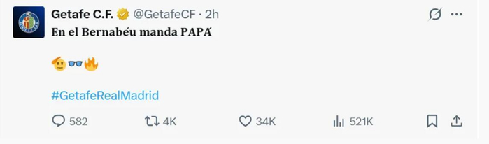 赫塔费1比0胜皇马后官推调侃：在伯纳乌爸爸说了算