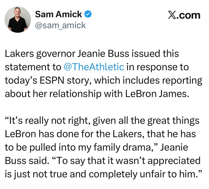 珍妮·巴斯驳斥ESPN报道，称勒布朗不应卷入家庭纠纷