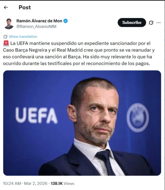 欧足联或重启巴萨内格雷拉案调查，皇马预测将致处罚