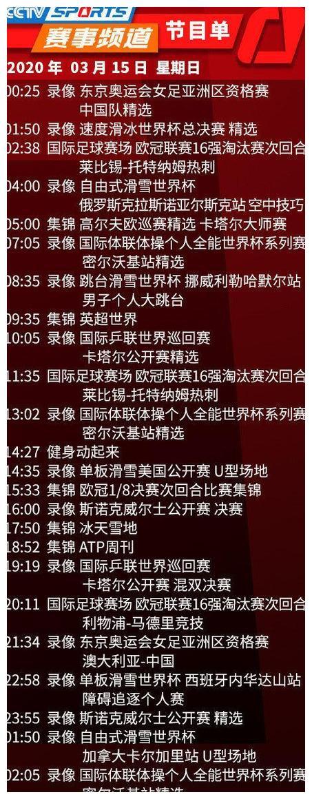 央视体育CCTV5/5+今天节目单(3月15日)