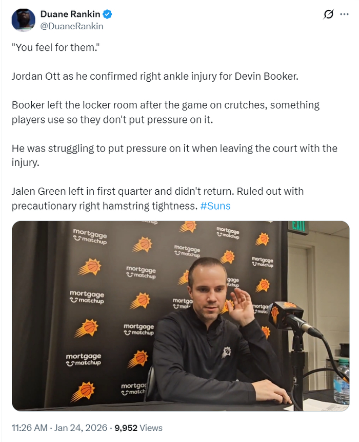 太阳连遭噩耗！布克脚踝扭伤需拄拐+格林腿筋再伤 狄龙近5战狂打55铁