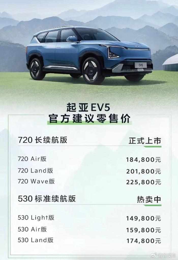 起亚EV5 720长续航版上市 售18.48万起
