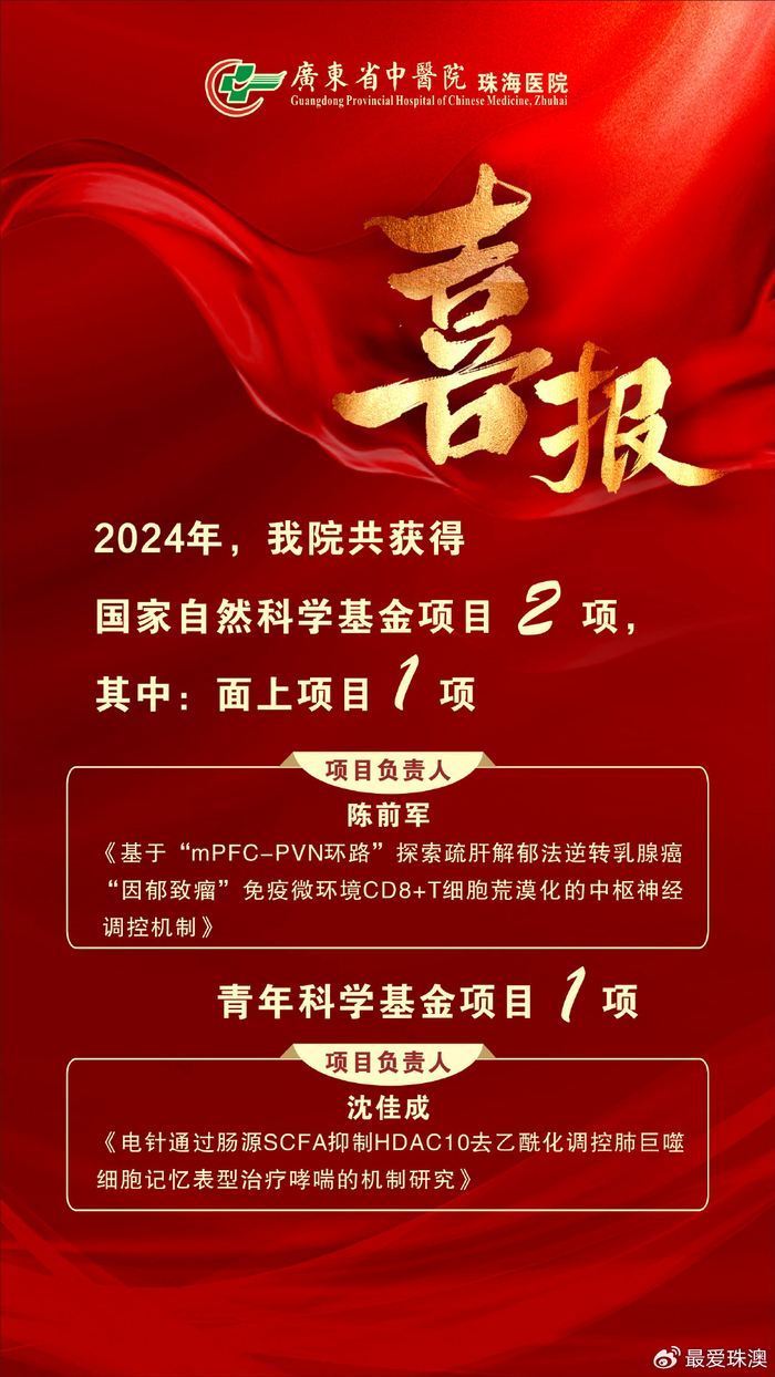 喜报！中医院获批2024年国家自然科学基金项目2项|广东省|科研|珠海市|珠海|青年_新浪新闻