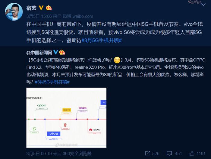 三月5G新机扎推发布，vivo S6成“5G舰队”新成员