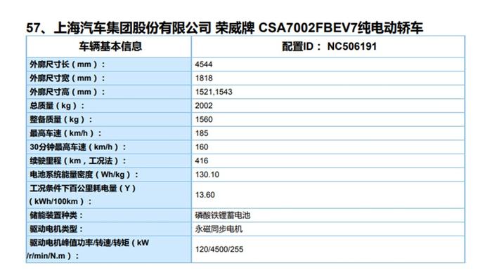 新款荣威Ei5车型申报信息曝光 换装磷酸铁锂电池