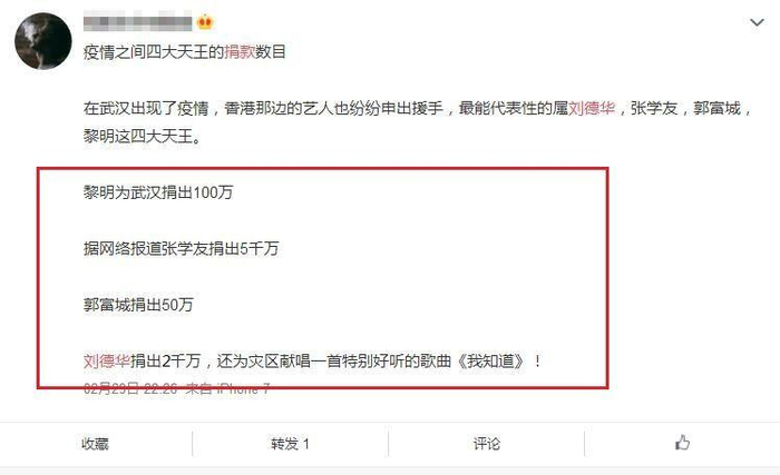 网曝四大天王巨星捐款：刘德华2千万，张学友的数目才叫人难想象