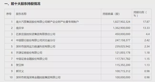 庞大集团前十股东：庞庆华持股第二，让渡股份成空谈