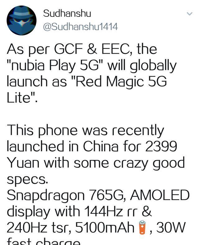 Nubia Play 5G被曝将更名为红魔5G Lite版登陆全球市场！
