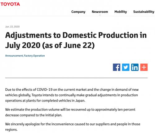 丰田下调7月汽车产量 较原计划减少10%