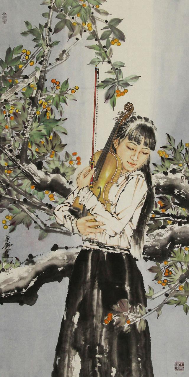 青年画家冯永强的女性人物国画，人物眉目秀美，身姿曼妙