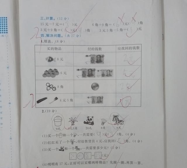 一年级下册数学第五单元“认识人民币”测试，有些事还需家长帮忙