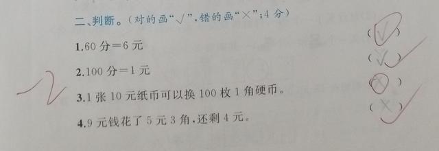 一年级下册数学第五单元“认识人民币”测试，有些事还需家长帮忙