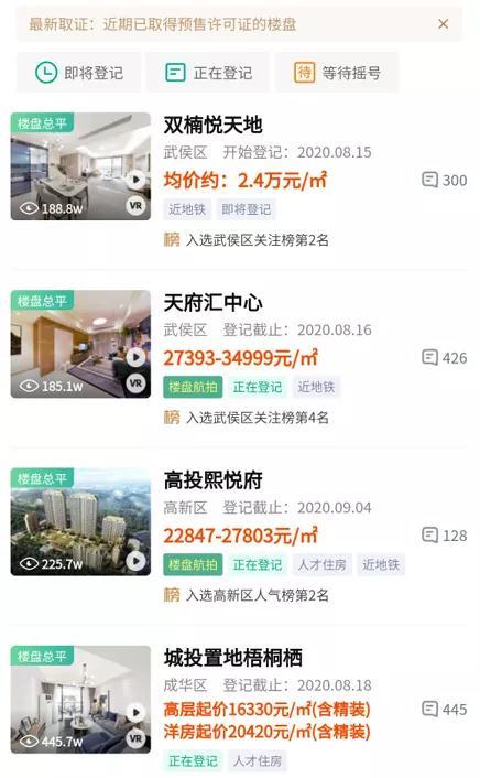 近期成都部分取证项目价格参考 图片来源:成都购房通