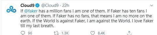 C9都看不下去了？c9发文：与faker为敌就是与c9为敌，我爱faker