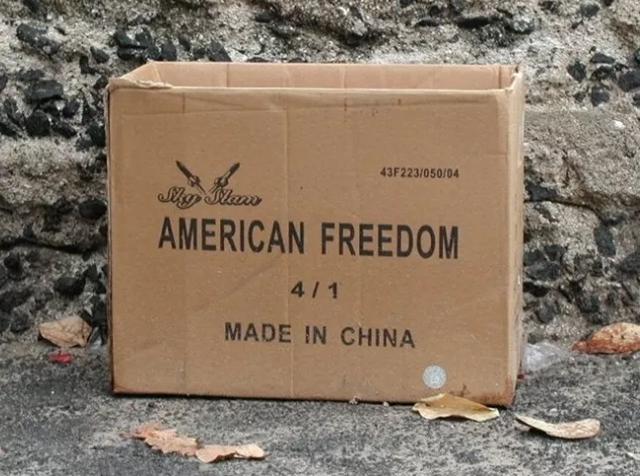 近年来颇为流行的“美国自由、中国制造”纸箱图