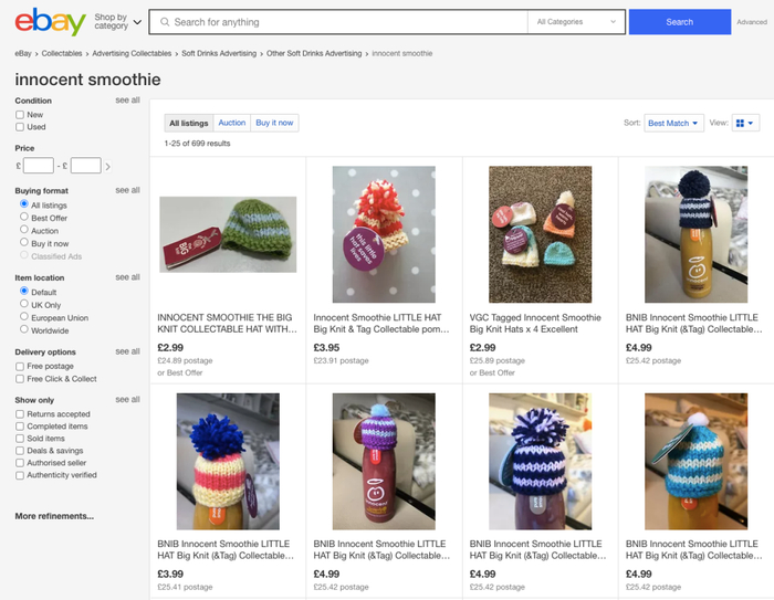 △ 在美国购物网站 eBay 上,一顶小帽子可能比果汁本身还贵。图片来源 | eBay