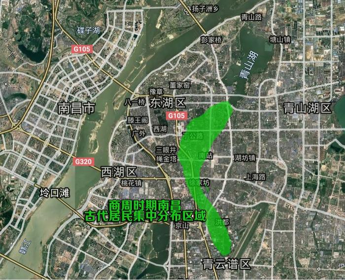 商周时期南昌古代居民集中分布图(作者制,底图来自Google地图)