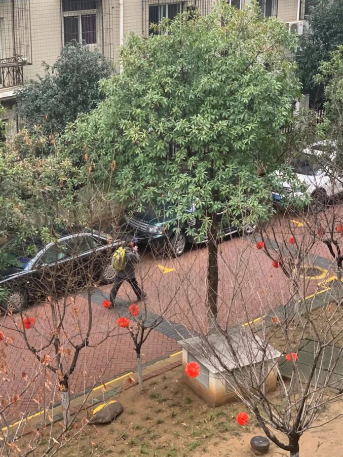 李露拍下了丈夫李栋匆匆离去的背影。