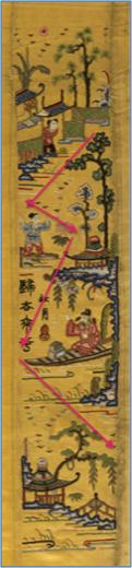 《白地·亭台楼阁图·挽袖绣片》之字形构图