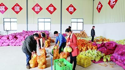 村民在江永县潇浦镇古宅新村扶贫产品仓储打包中心给香柚装袋。陈健林摄
