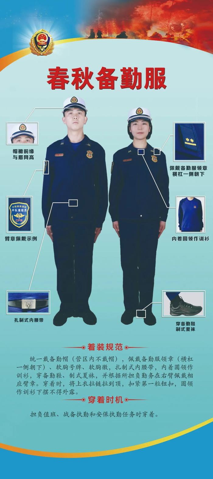 国家综合性消防救援队伍制式服装穿着和标志服饰缀钉规范示例图