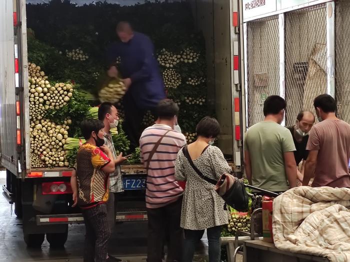 刚拉来的一车芹菜正在交易。新京报记者 王巍 摄