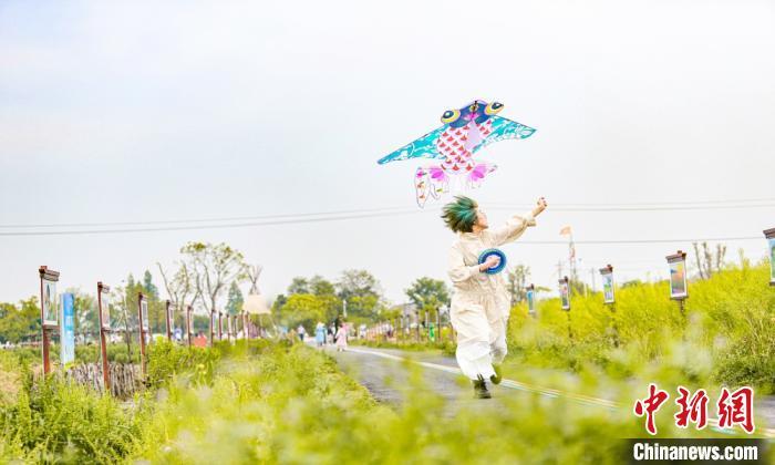 游客在农田里放风筝。 王佳慧 摄
