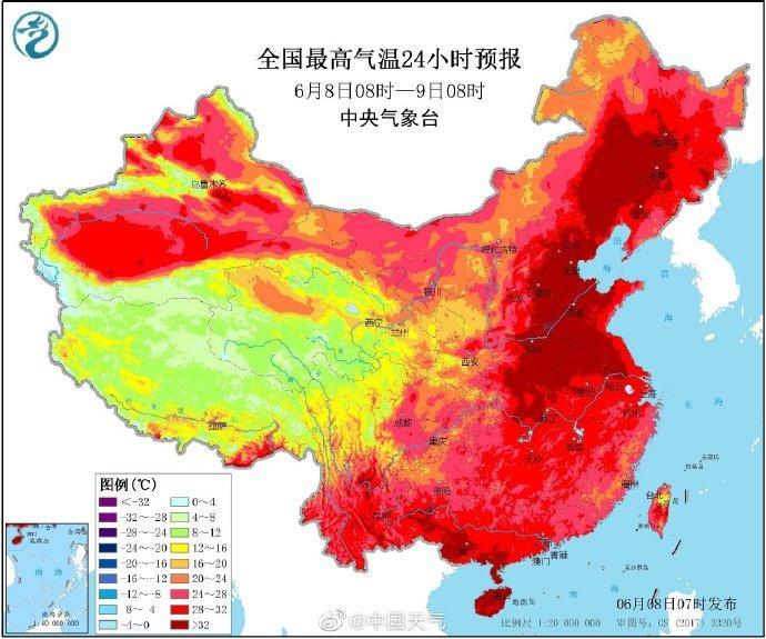全国最高气温24小时预报(6月8日08时-9日08时) 来源:中央气象台