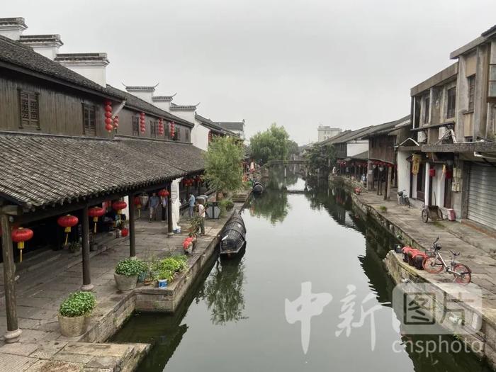 图为乌篷船停在黄酒小镇的河岸边。中新社 项菁 摄