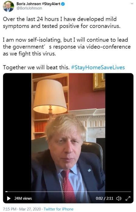 英国首相约翰逊社交网络官方账号截图。