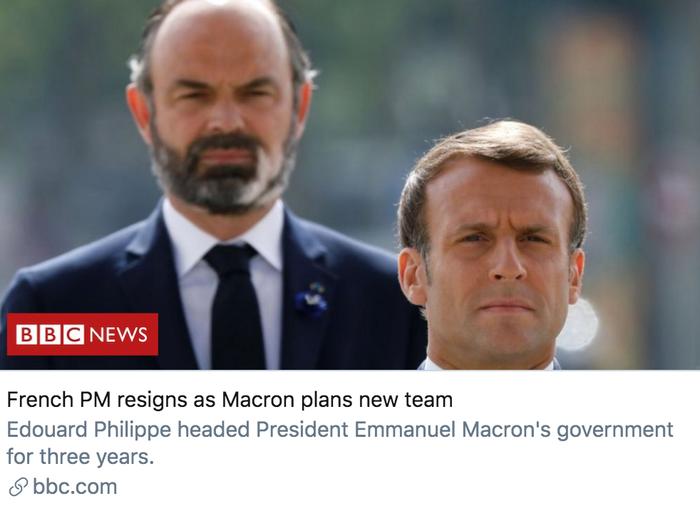 法国总理卸任,马克龙计划重组政府。BBC报道截图
