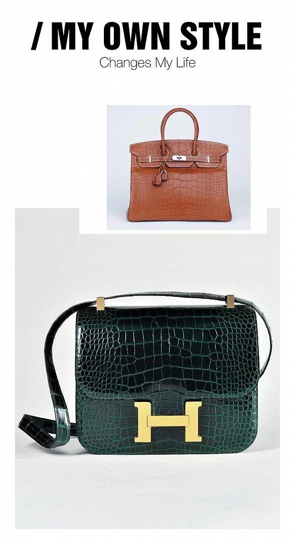 上图:HERMES birkin稀有雾面棕色短吻鳄鱼皮35公分铂金包配银色金属配件 下图:HERMES亮面祖母绿色短吻鳄鱼皮24公分CONSTANCE包附金色金属