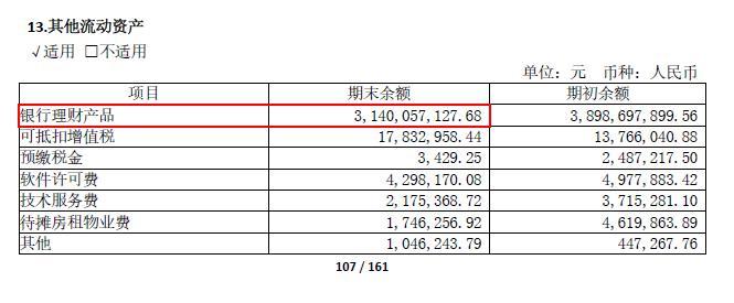 置资金用于购买理财产品，报告期内银行理财产品期末余额高达 31.4 亿元。