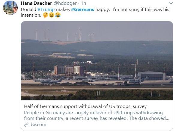 美国撤离1.2万美军施压德国 德网友：感到开心