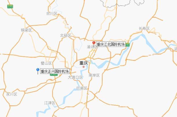 (重庆两座民航机场位置关系。图据百度地图)