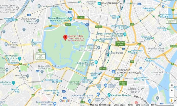 ▲ 日本皇居示意图(地图中绿色部分),右下角为比例尺,可参考其面积,而加州的面积是42.4万平方公里