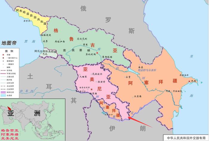 亚美尼亚和阿塞拜疆接壤,周边是土耳其、格鲁吉亚,俄罗斯、伊朗等热点地区 图源:外交部