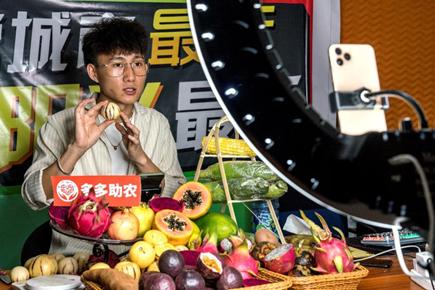 ▲王雄的店铺品鲜集的主播正在向拼多多用户讲解人参果的食用价值。(穆功/摄)